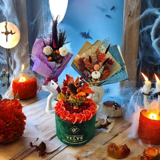 Halloween Floral Arrangement Amber Dream In Round Box 49 Soap Roses Carnations Pumpkins Acorns Mushrooms