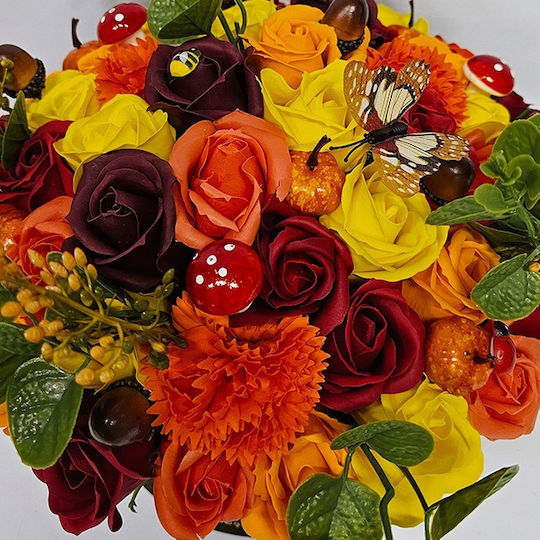 Halloween Floral Arrangement Amber Dream In Round Box 49 Soap Roses Carnations Pumpkins Acorns Mushrooms
