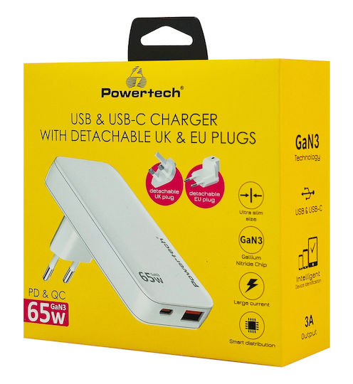 Powertech Ladegerät ohne Kabel GaN mit USB-A Anschluss und USB-C Anschluss 65W Schnellaufladung 3.0 Weißs (PT-1532)