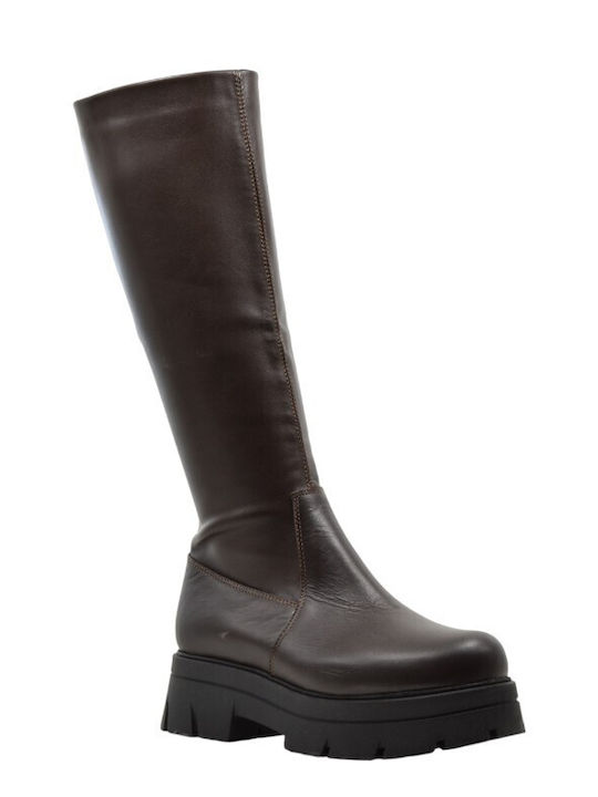 Leather Women's Mid Heel Boots Brown