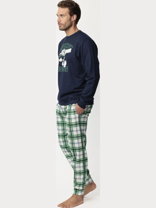 Disney "mickey Mouse" Men's Winter Checked Pajamas Set Blue