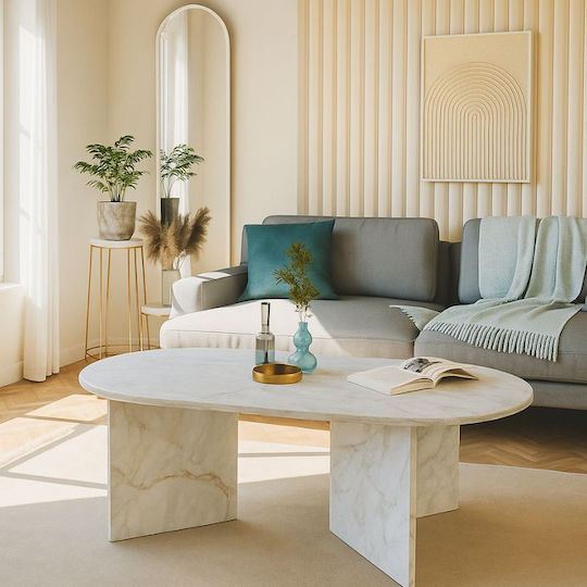 Oval Central Coffee Table Cortado Wooden White Marble Effect 120x60x39.6cm