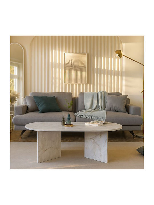 Oval Central Coffee Table Cortado Wooden White Marble Effect 120x60x39.6cm