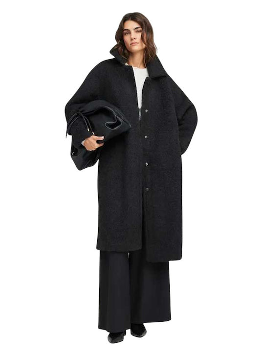 Women's Black Coat Oversized with Buttons