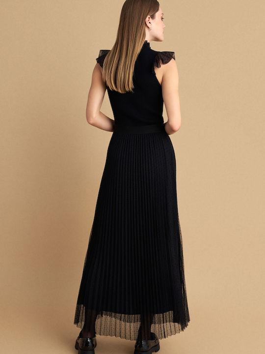 Plissiert Maxi Rock mit Tüll Black