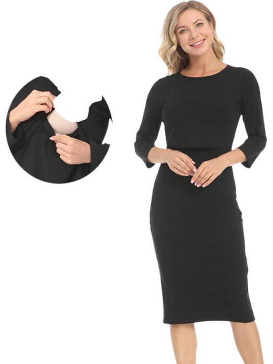 Black Casual Midi Cotton Maternity Nursing Dress Queen Mother Autumn Winter 2024 Slim Fit