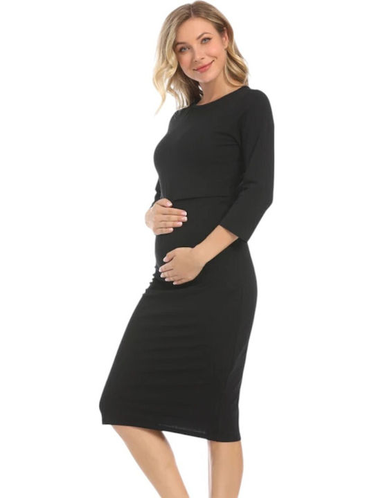 Black Casual Midi Cotton Maternity Nursing Dress Queen Mother Autumn Winter 2024 Slim Fit