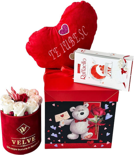 Pachet Special De Valentine Pernă Brodată În Formă De Inimă "I Love You" Praline Raffaello 80g Aranjament Floral 9 Trandafiri De Săpun Roșii