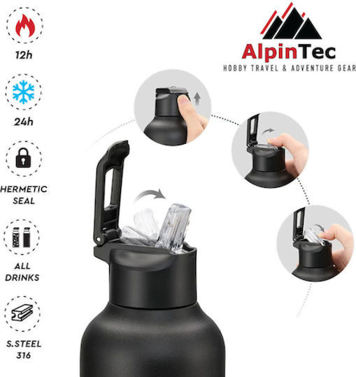 AlpinPro Recycelbares Thermosflasche Kunststoff / Rostfreier Stahl BPA-frei 600ml Schwarze