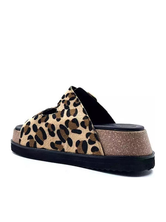 Δερμάτινα Γυναικεία Σανδάλια Flatforms Λεοπάρ