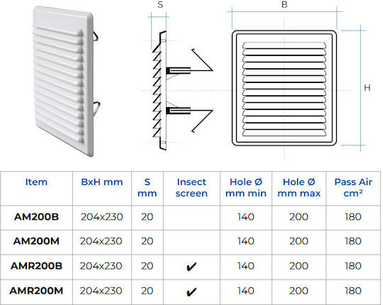 Vent Louver 20x20cm Square