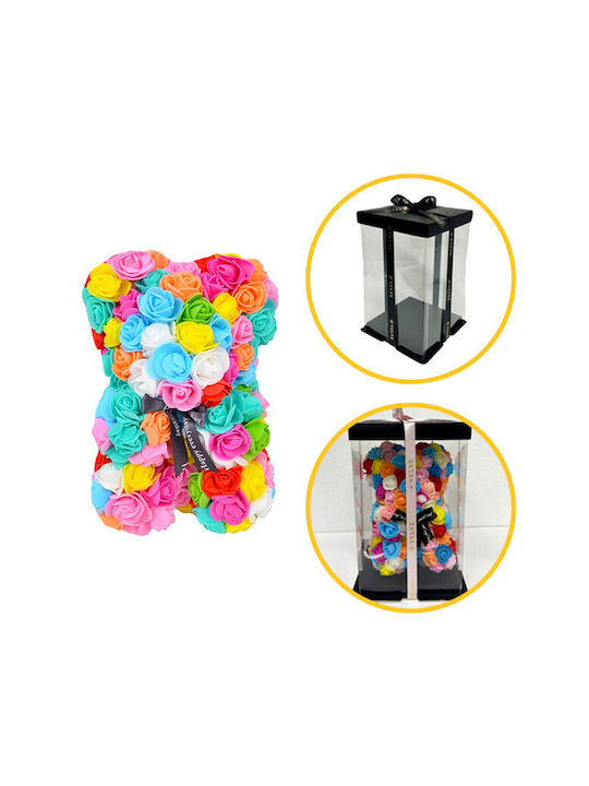 Multicolor Floral Bear Made Roses 25 Cm Hand Decorated Gift Box