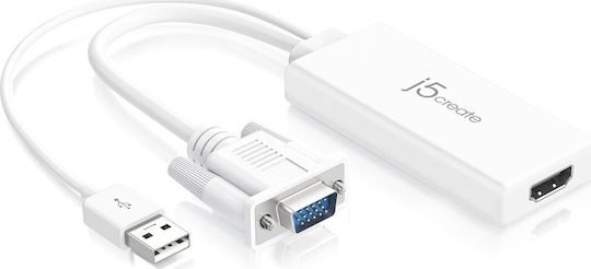 Аудио Видео Адаптер J5create Jda214 Vga Usb Мъжки Hdmi Женски Бял