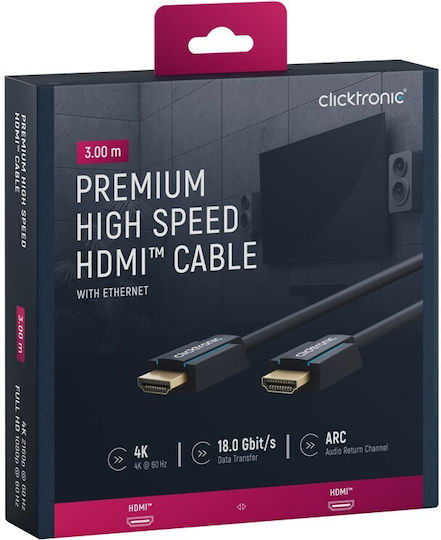 Clicktronic HDMI 2.0 Premium High Speed 4K 60Hz HDR Kabel HDMI-Stecker - HDMI-Stecker 3m Schwarzes