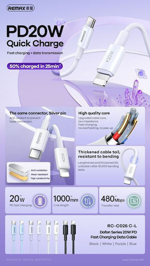 Remax RC-C026 Плетена USB-C към Lightning кабел Бял 1м