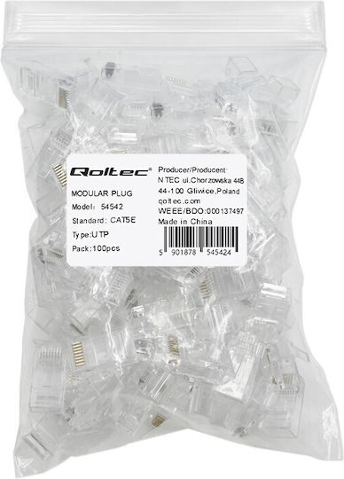 Qoltec Conector Pass-through RJ-45 Cat5e UTP Cu Contacte Placate cu Aur 100 Bucăți