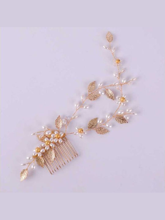 Bridal Hair Comb Leaves Pearls Beads Gold Evelyn