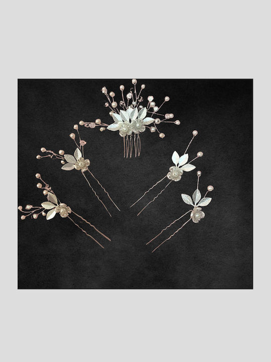 Bridal Hairpin Comb Set Pearls Leaves Gold or Silver Sybil