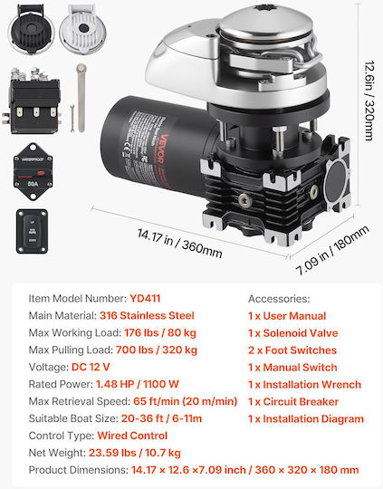 Vevor Vertical Electric Anchor Winch 12v 1100w Chain & Rope Maximum Pull 320 Kg Stainless Steel 316 Boats 6-11 M Ddmjczs700lb1ekc3001v9