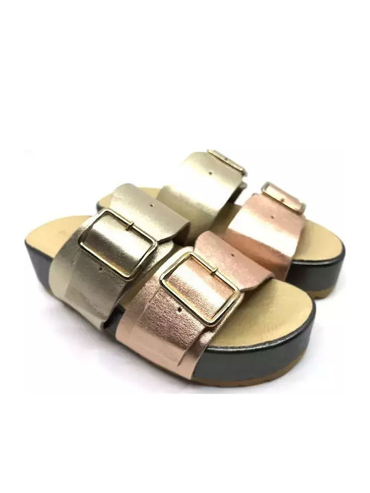 Leather Women's Flat Sandals in Gold Color
