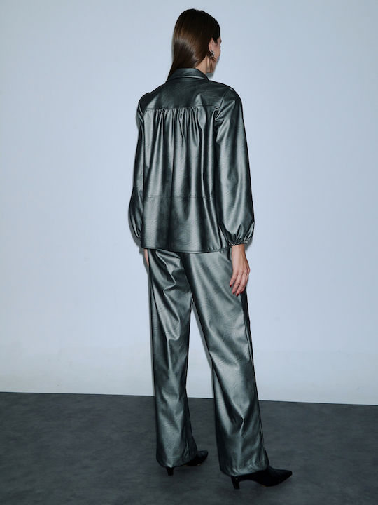 Women's Blouse Leather with V Neckline Gray