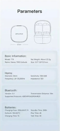 Awei T78 In-ear Bluetooth Handsfree Ακουστικά με Θήκη Φόρτισης Μαύρα