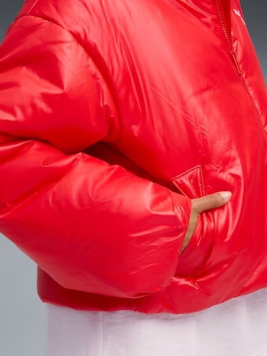 Women's Short Puffer Jacket for Winter with Hood For All Time Red