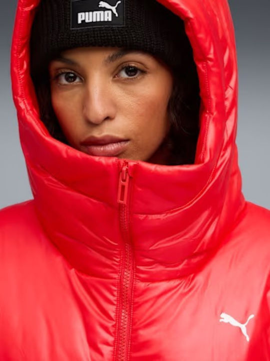 Women's Short Puffer Jacket for Winter with Hood For All Time Red