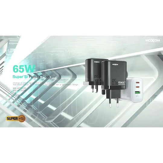 Moxom Charger Without Cable with USB-A Port and 2 USB-C Ports 65W Power Delivery / Quick Charge 4.0 Blacks (MX-HC74)