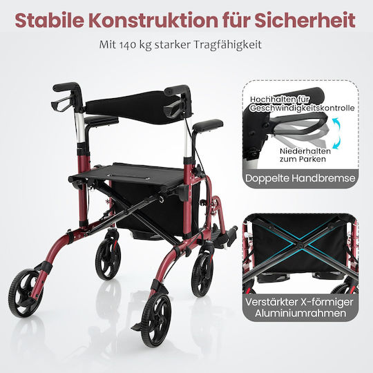 Costway Klappbarer Rollstuhl 103cm JH10013RE Rotes