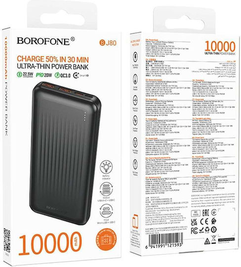 Borofone BJ80 Power Bank 10000mAh 22.5W με 2 Θύρες USB-A και Θύρα USB-C Power Delivery / Quick Charge 3.0 Μαύρο