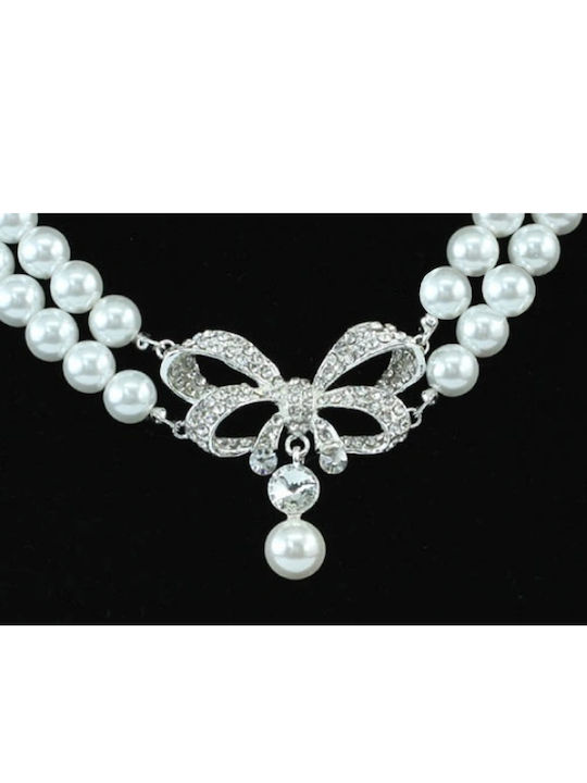 Bridal White & Silver Faux Pearl Necklace Jewelry Set Anais