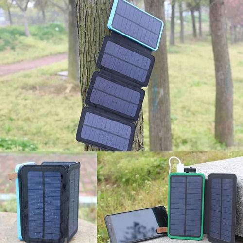 Solar Power Bank 4 Foldable Panels 10000 Mah Flashlight Black