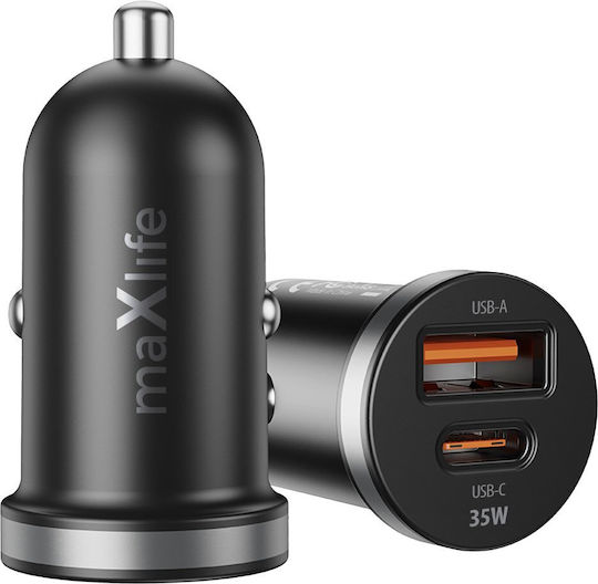 Maxlife Car Charger 35W Fast Charging with Ports 1xUSB-A 1xType-C Black Colour