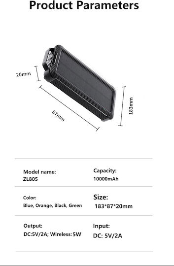 Ηλιακό Power Bank 10000mAh 15W με 2 Θύρες USB-A και Θύρα USB-C Μαύρο