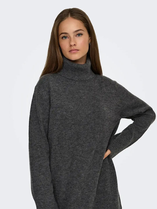 Mini Damenkleid Gestrickt Rollkragenpullover Dunkelgrau Meliert