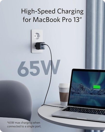 Anker Ladegerät ohne Kabel GaN mit USB-A Anschluss und 2 USB-C Anschlüsse 65W Stromlieferung Schwarzs (735 Nano II)