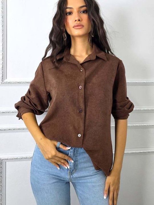 Μακρυμάνικο Γυναικείο Πουκάμισο Brown Μονόχρωμο