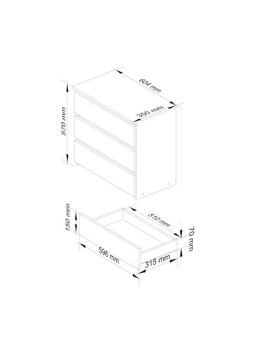 Comoda pentru Dormitor cu 3 sertare Matte Gray 60x35x57buc