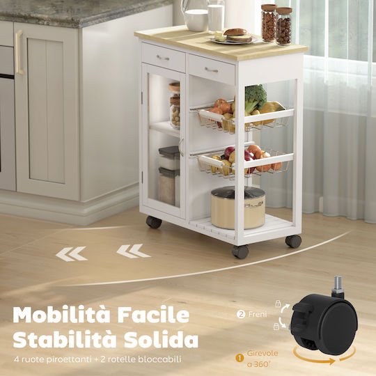 HomCom Τρόλεϊ Κουζίνας Ξύλινο 2 Θέσεων Λευκό 67x35x80cm