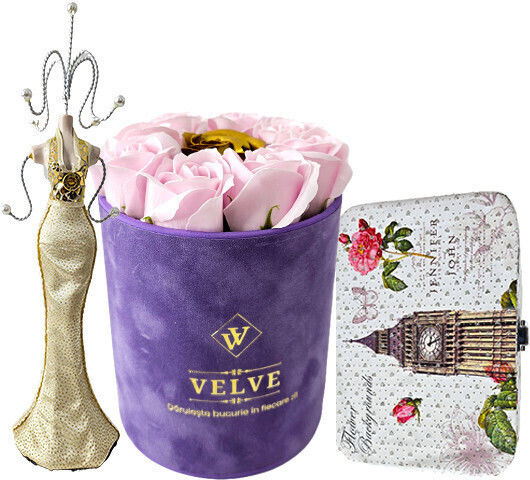 Velvet Package 9 Soap Roses In A Purple Velvet Box Pink Gold Jewelry Box Jewelry Holder In Silhouette Shape