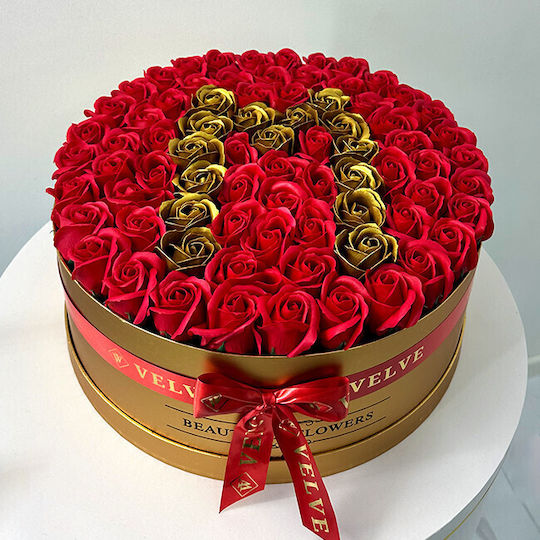 Personalized Floral Arrangement Letter M In A Round Golden Box 55 Soap Roses