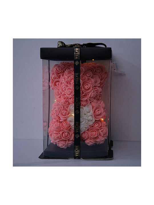 Floral Teddy Bear 25 Cm Bright Leds Foam Roses White Heart In Gift Box Powder Pink