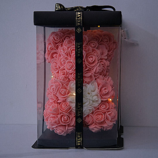 Floral Teddy Bear 25 Cm Bright Leds Foam Roses White Heart In Gift Box Powder Pink