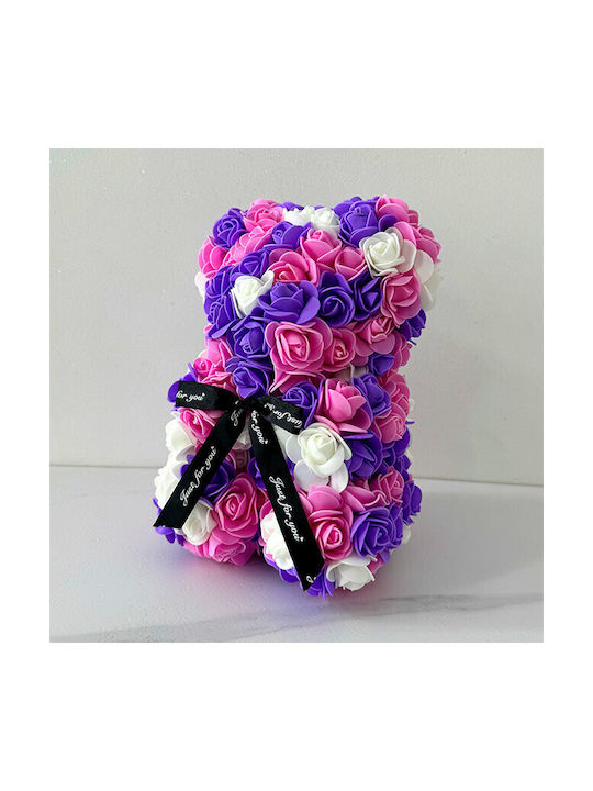 Floral Mosaic Ursuleț Spumă Trandafiri 25 Cm Decorat Manual În Cutie Cadou Mov-Liliachiu-Alb