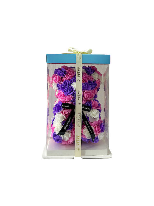 Floral Mosaic Ursuleț Spumă Trandafiri 25 Cm Decorat Manual În Cutie Cadou Mov-Liliachiu-Alb