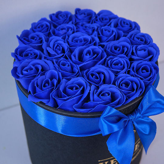Radiance Blumenarrangement in Einer Schwarzen Rundbox 25 Seifenrosen Blau