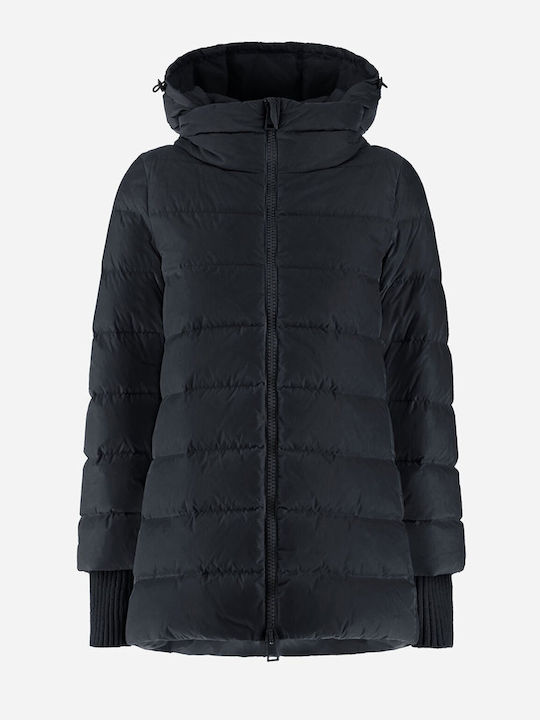 Women's Long Puffer Jacket Waterproof for Winter with Hood Black