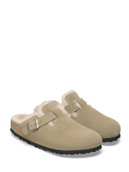 Boston Shearling Suede Winter Women's Slippers with Fur Brown Narrow Fit