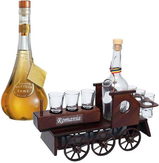 Minibar Set Holz-Train-Form Flaschenhalter 6 Gläser Bottega Fumé Grappa